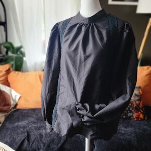 Simple Black Puff-sleeve Blouse with Lace Detail
